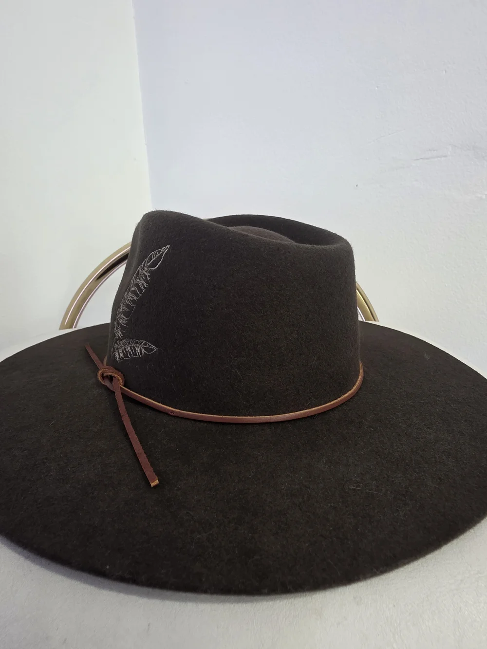 Rag & Bone Kacy Brown Wide Brim Wool Fedora with Feather Embroidery